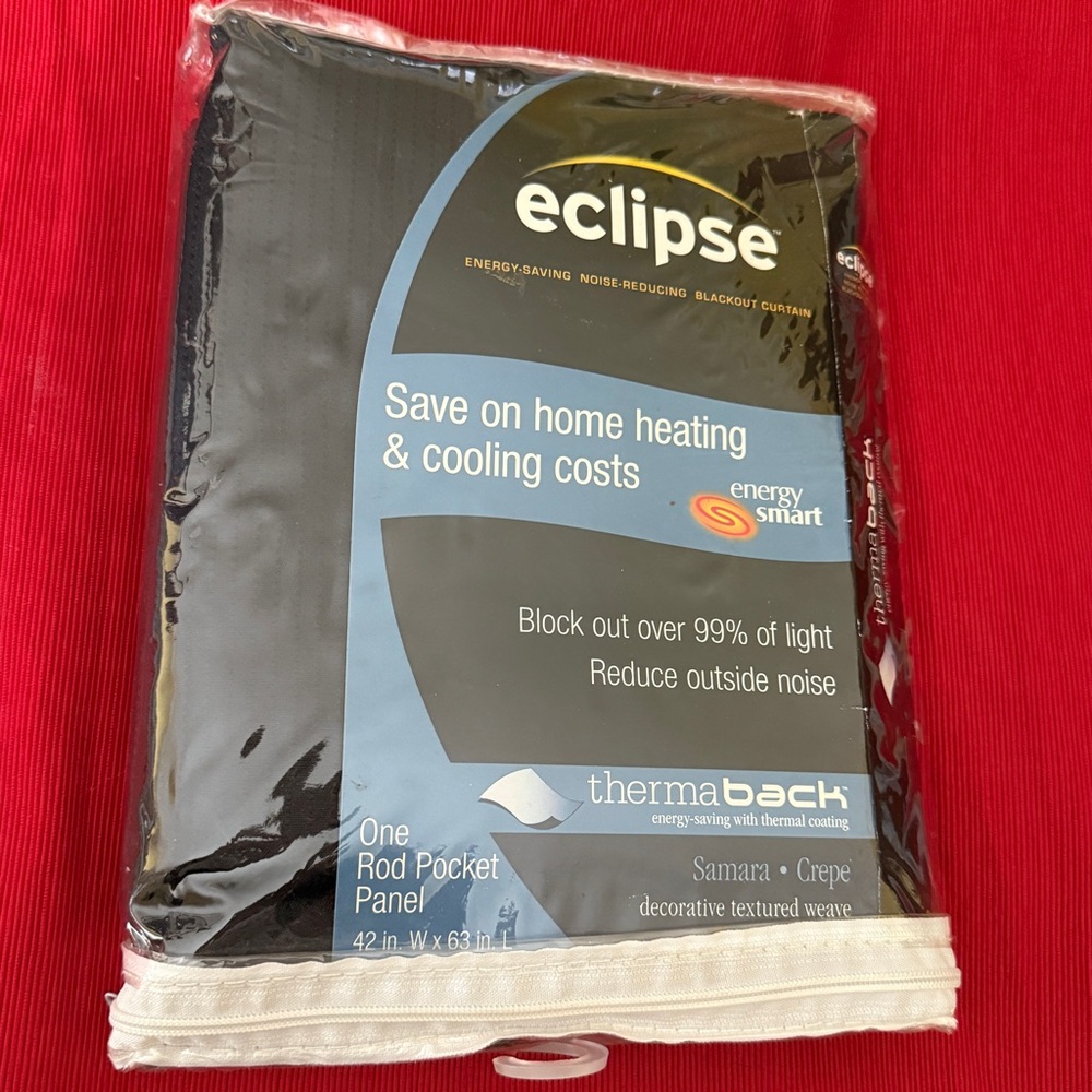 Eclipse Blackout Curtain Panel 42” W x 63” L thermal Black single rod design NEW